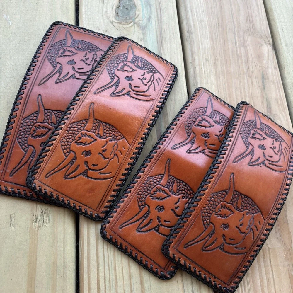 Vintage Bifold Leather Wallet Hand Tooled Western Cowboy Cow Cattle Whipstitch